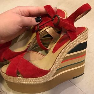 Gorgeous Red Suede Striped Wedges, Spanish Design